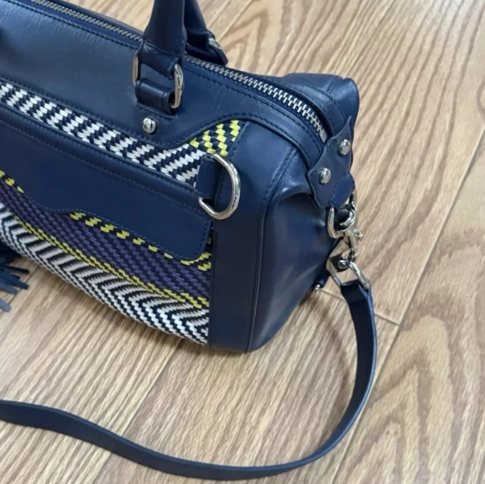 REBECCA MINKOFF MAB MINI BLUE PURPLE STRIPE WEAVE LEATHER LG SATCHEL BAG